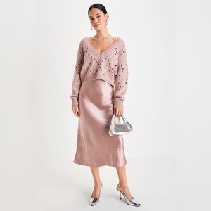 Lulu's Pink Knit Sweater and Satin Skirt Set